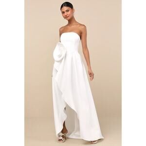 NWT Elliatt X Lulus Emiliana White 3D Rosette Strapless High-Low Maxi Dress S
